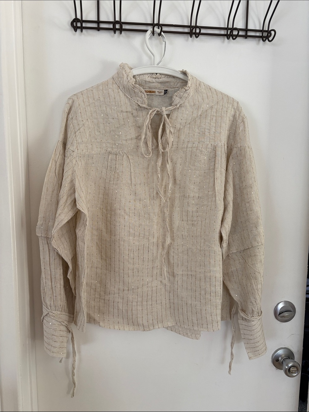 Light Beige Ruffle Tie-Neck Blouse - Unbranded